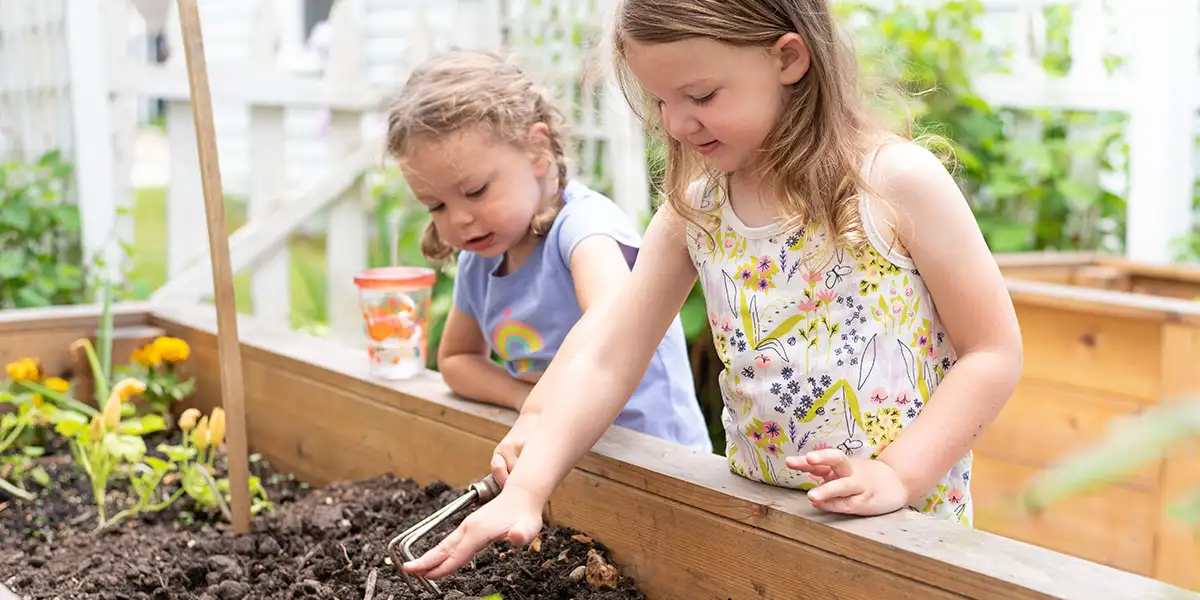 Raised Bed-Little Girls Little girls gardening in a raised bed